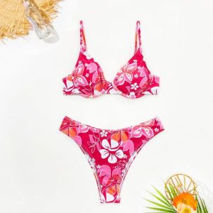 Beachwear | Bikinibroekje Met Omgeslagen Band En Bloemenmotief  – Dames Beachwear Beachwear